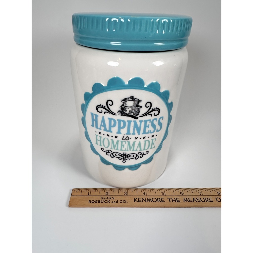 Cracker Barrel Cookie Jar 'Happiness is Homemade' Teal & White 8.5 x5.5" Baking - Picture 8 of 16
